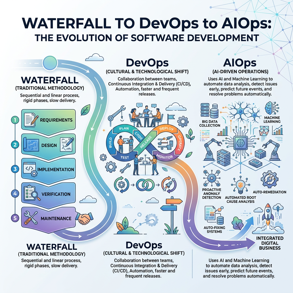 Diagram showing the software development evolution from Waterfall method through DevOps cultural shift to AI-driven AIOps processes