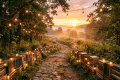 Winding path bordered by stacks of books and string lights at sunset